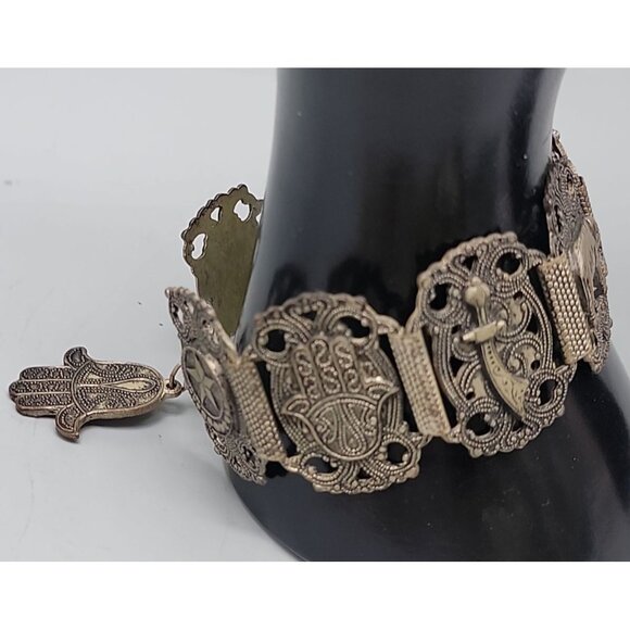 Morocco Souvenir Bracelet Hashi Hand Elephants Stars Nimcha Sword Links Vtg - Picture 3 of 10